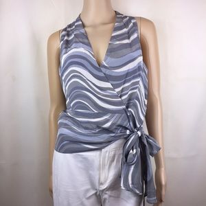 Lafayette 148 Silk Blue/Grey Sleeveless Wrap Top